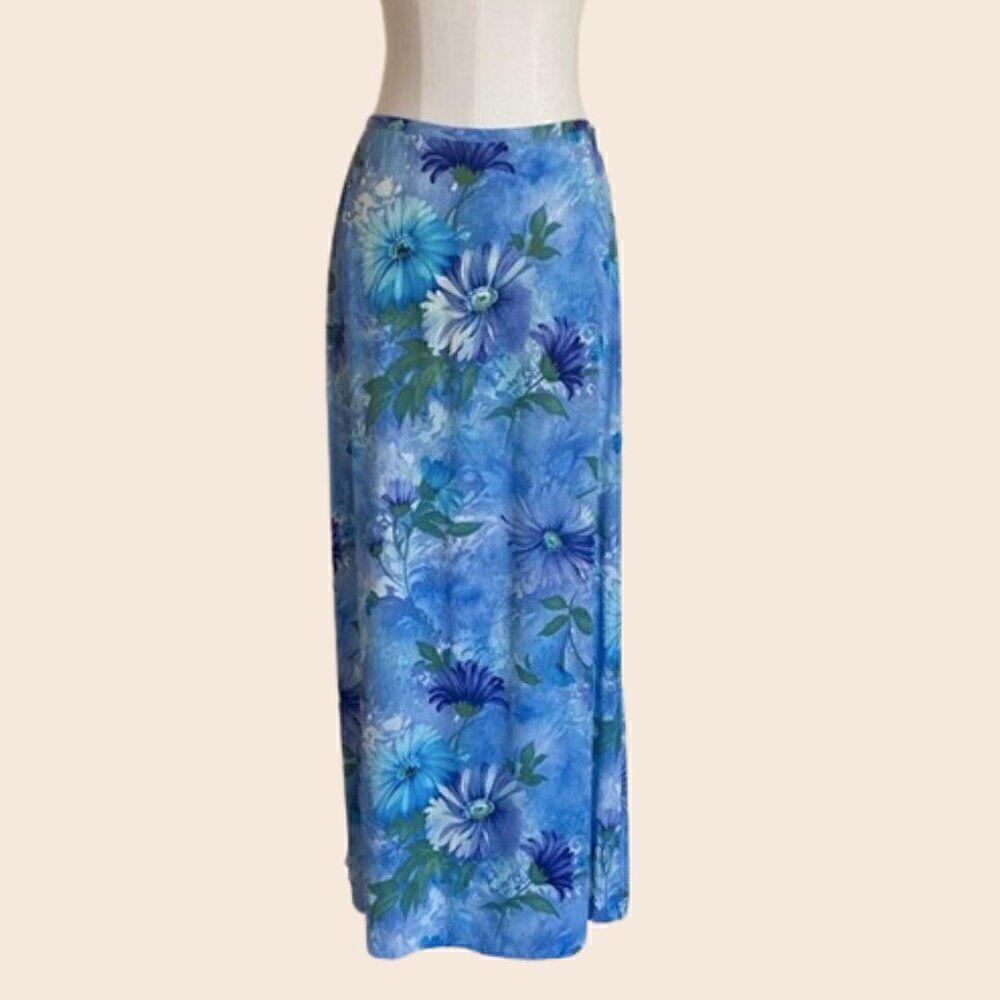 Vintage 90's Blue Floral Midi Skirt Size 7/8
